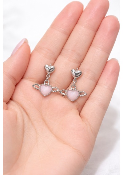 Paslanmaz Çelik Kalp Kanat Figürlü Pembe Taşlı Sallantılı Kadın Küpe Çok Renkli