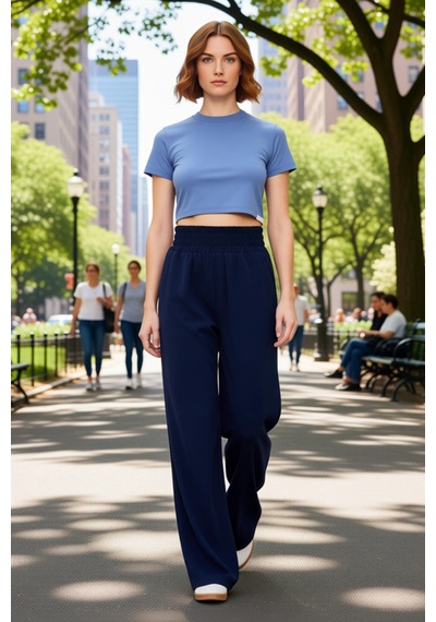 Ersefa Kadın Viskoz Dokuma Pantolon Geniş Paça Rahat Günlük Hafta Sonu Y Lacivert