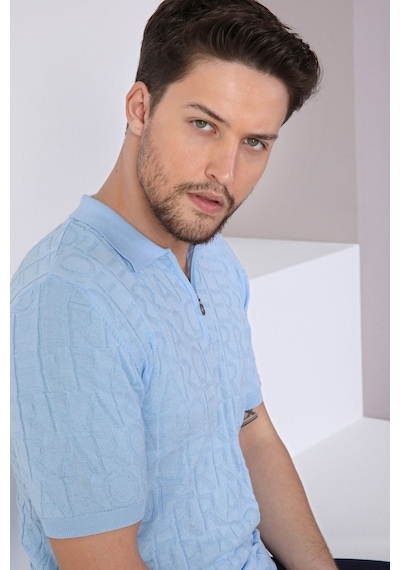 Ferraro Mavi Polo Yaka Fermuarlı Erkek Pamuk Triko T-Shirt-Mavi (417942609) Mavi