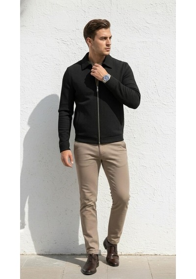 Plus Scorpion Slim Fit Fitilli Dokulu Erkek Fermuarlı Mont Ceket Günlük Şık Kombin Siyah