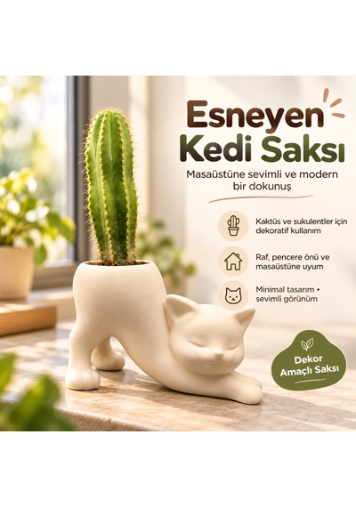 Esneyen Kedi Saksı Dekoratif Kaktüs Ve Sukulent Saksısı Beyaz