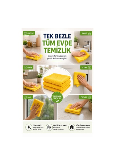 Sarı 3'lü Mikrofiber Temizlik Bezi 35x35 Cm Çok Amaçlı Mutfak Cam Banyo Silme Ve Kurulama Bezi