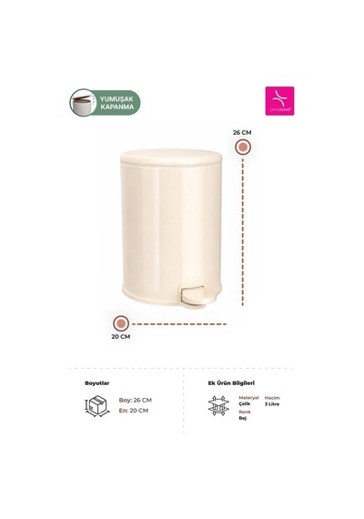Cigo 3 Lt Banyo Mutfak Ofis Çelik Çöp Kovası - Bej