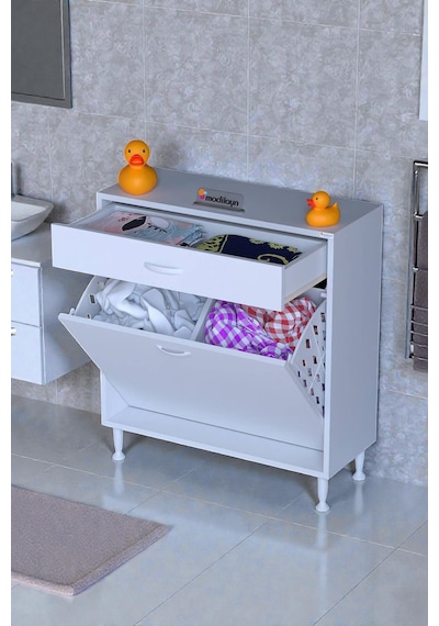Eliusta Asil 75 Cm Kirli Çamaşır Sepetli Banyo Dolabı 1 Çekmeceli Mutfak Çok Amaçlı Dolap 75x88x32,5 Cm Beyaz