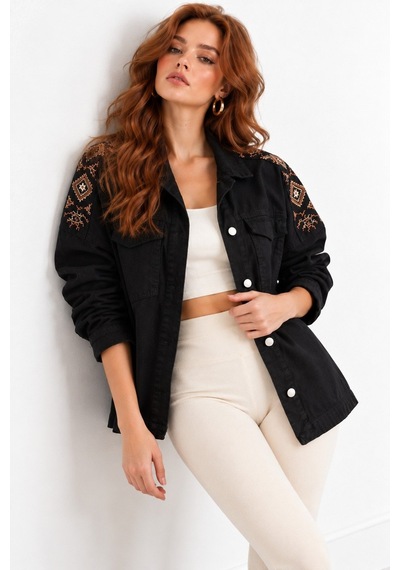 Saade Siyah Etnik İşlemeli Oversize Denim Ceket