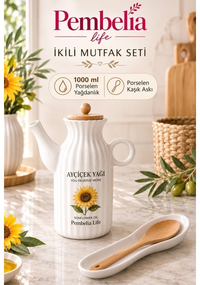 2 Li Mutfak Seti Ayçiçek Etiketli Porselen 1000 Ml Yağdanlık Ve Porselen Kaşık Altlığı Çeyizlik Set Beyaz Beyaz