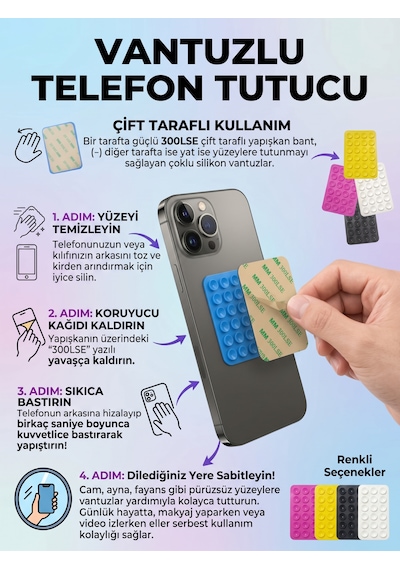 Çift Taraflı Vantuzlu Telefon Tutucu - Pürüzsüz Yüzeyler İçin Silikon Silikon Tutucu Ped Cam, Ayna, Fayans 6'parça Rekli