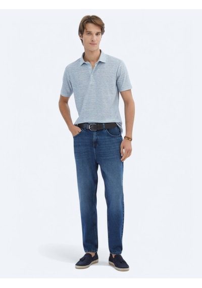 Kip Mavi Baskılı Polo Yaka Pamuk Karışımlı T-shirt Mavi