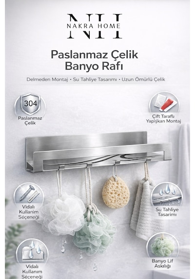 Paslanmaz Çelik Çok Amaçlı Banyo Ve Mutfak Rafı 4 Askılı, Yapışkanlı & Vidalı Kurulum Inox