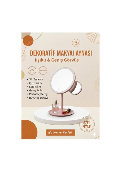 Led Işıklı Çift Taraflı Makyaj Aynası Büyüteçli, Geniş Açılı, Masa Üstü Dekoratif Ayna Pembe