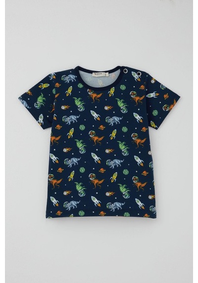 Breeze Erkek Bebek Şortlu Pijama Takımı Uzay Temalı Astronot Dinozor Desenli 9 Ay-3 Yaş, Lacivert