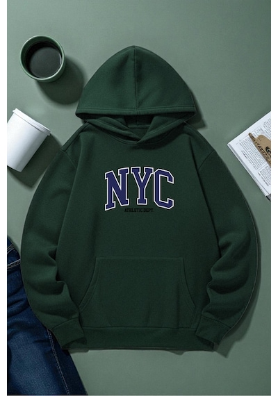 Uyguntarz Unisex Nyc Tasarım Baskılı Kapüşonlu Sweatshirt Yeşil