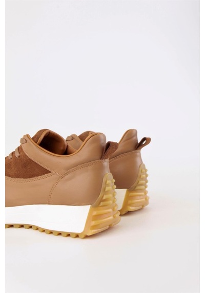 Sara Taba Hakiki Deri Bağcıklı Kadın Sneaker-Taba
