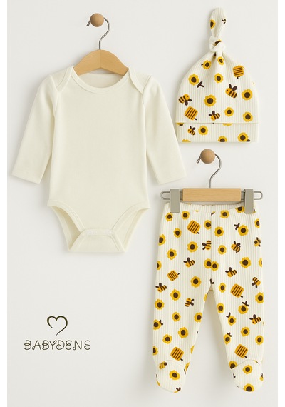 Babyden's Babydens Yenidoğan Bebek Hastane Çıkışı Seti 3'lü Pamuklu Zıbın Takımı Patikli Alt, Şapka, Arı Desenli Unisex Bebek Takımı Ekru