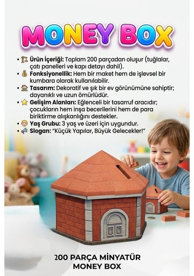 Tuğladan Kumbaram 200 Parçalı Minyatür Tuğlalı Kumbara Tasarımlı Eğitici Yapı Oyuncak Seti