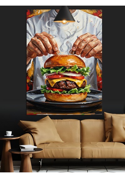 Burger Yapan Bir Adam Dekoratif Kanvas - Mdf Ahşap Tablo
