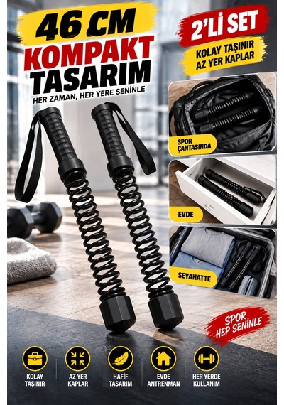2'li Set 46 Cm Kablosuz Savaş Halatı Yaylı Egzersiz Aleti Evde Fitness Ergonomik Bilek Askılı Sporcu Siyah