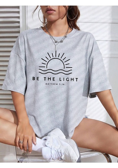 Be The Lıght Kadın Renkli Özel Baskılı Oversize Süprem Bisiklet Yaka T-shirt Gri-283816