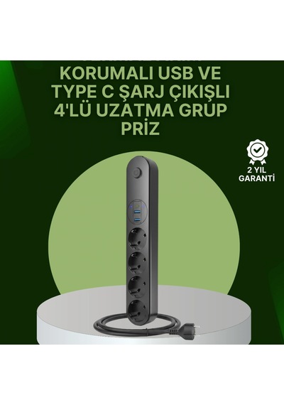 Akım Korumalı 4'lü Çoklu Priz 2 Usb 1 Type-c, Led Anahtarlı, 2 Metre Kablolu Diğer