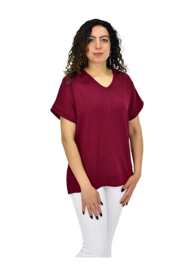 Kadın Yarım Kol V Yaka Taşlı Likralı Tişöt Bgl-st04653 Bordo