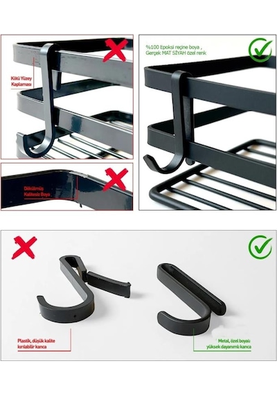 Banyo Düzenleyici Yapışkanlı Metal Banyo Rafı İkili Duş Rafı Organizer Şampuanlık Mat Siyah-gnrl281 Siyah