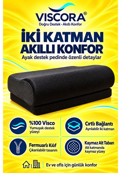 Ayak Destek Pedi Masa Altı, Ofis Ve Ev İçin Visco İki Katmanlı Kaymaz Ayak Minderi Siyah