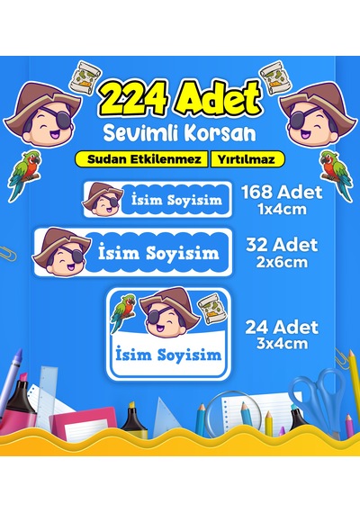 Sevimli Korsan Temalı Okul Kreş Kişiye Özel İsim Etiket Seti - Model 299 Çok Renkli