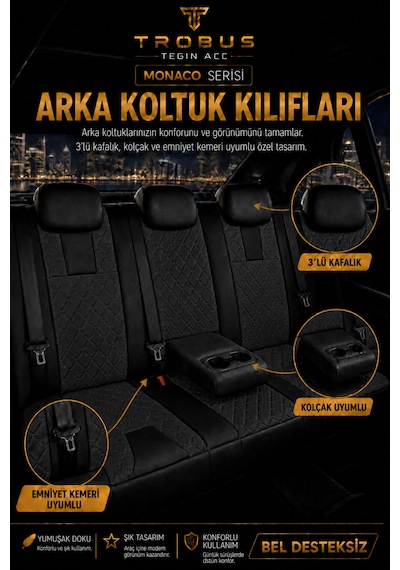 Vw Golf 7 Kasa 2013-2020 Uyumlu Monaco Serisi Eviza Deri Detaylı Siyah Koltuk Kılıfı