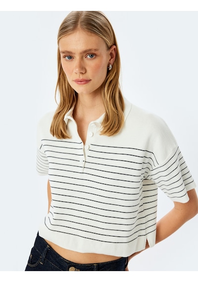 Koton Düğmeli Çizgili Oversize Polo Yaka İnce Triko Kazak Lacivert Çizgili 5sak90007ht 7s2 Çok Renkli