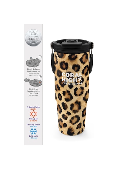 Coral High Kahverengi Leopar Desenli Pipetli Ve Direkt İçim Çelik Termos 900 Ml 38719 Kahverengi