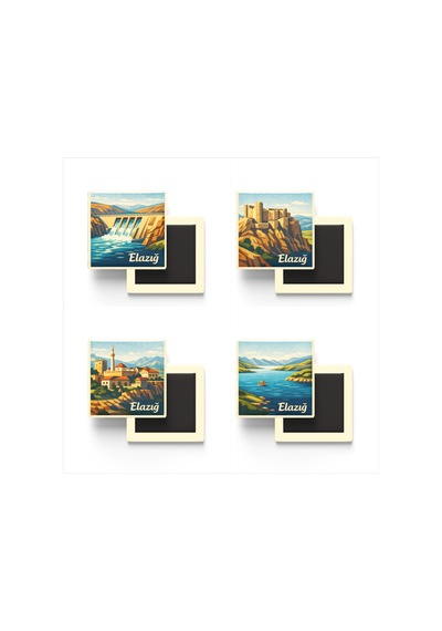 Elazığ - 4'lü Memleket Seti - Baskılı Buzdolap Magneti Kare - 9x9 Cm - 4 Adet