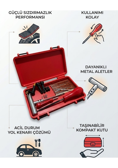 Profesyonel Metal Saplı Fitil Atma Seti - Lastik Tamir Kiti - Taşıma Kutulu Çantalı