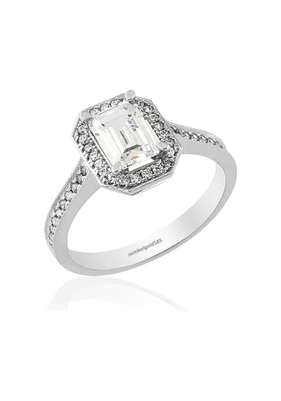 Baget Taşlı Beyaz Altın Tektaş Yüzük 14K Gold 380147543