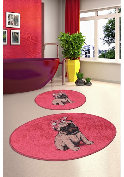 Pink Pug Djt 2 Lı Set Banyo Halısı Paspas Kırmızı