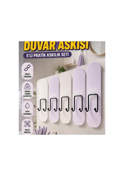5'li Yapışkanlı Çok Amaçlı Duvar Askısı Seti Çok Renkli