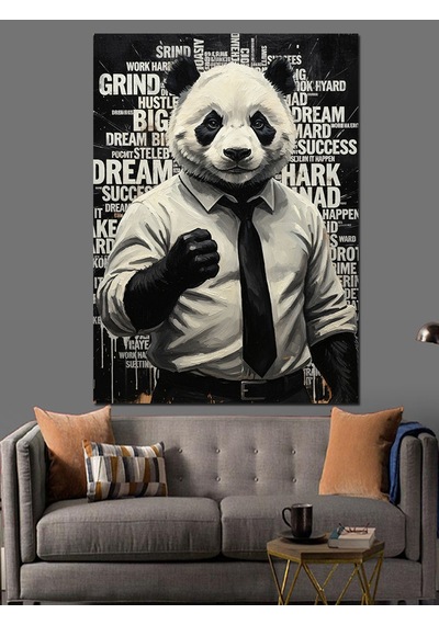 Ahşap Tablo Motivasyon Yazıları Fonlu Panda Siyah Beyaz