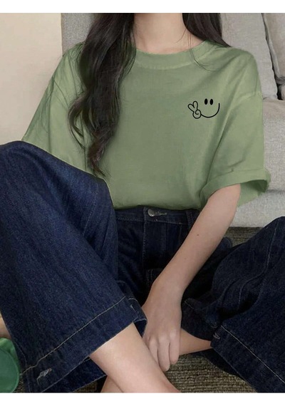 Noıssey Karikatür Ve Grafik Tasarım Oversize T-shirt Cartoon/letter Serisi Kod85 Yeşil