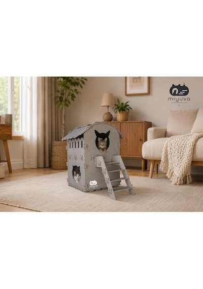 Keçe Kedi Evi Demonte, Yıkanabilir, Taşınabilir Kedi Kulübesi Dubleks Bej
