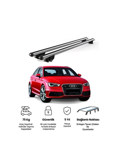Kanca Audi A3 Sportback 2013 Ve Sonrası Uyumlu Gri Kilitli Ara Atkı 120cm Port Bagaj Tavan Barı