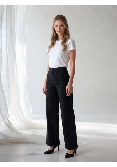 Nealirsanall.com Yüksek Bel Beli Lastikli Geniş Paça Kadın Jean Pantolon Siyah
