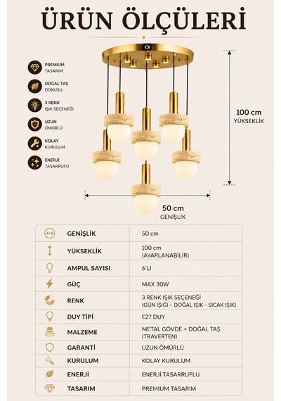 Eskitme Premium Gold Traverten Taşlı 6'lı Sarkıt Avize 3 Renk Led Salon Yemek Odası Avizesi 30w Beyaz