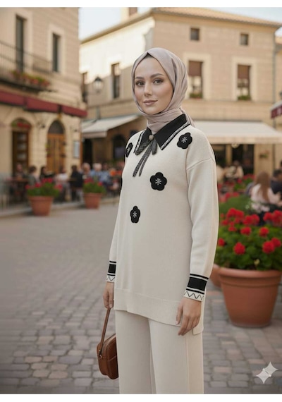 Sayzen Your Shine Gömlek Yaka Broşlu Alt-üst 2'li Triko Takim Sdnz-2501 Ekru