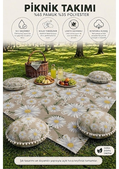 Piknik Örtüsü Takımı Papatya Desenli Sıvı Geçirmez Leke Tutmaz 4 Minderli Piknik Örtüsü Seti Çok Renkli Piknik Örtüsü Takımı Papatya Desenli Sıvı Geçirmez Leke Tutmaz 4 Minderli Piknik Örtüsü Seti Çok Renkli