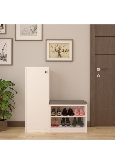 Asra Trend Puflu Ayakkabılık A-11 %100 MDF Minderli Portmanto Seti Beyaz