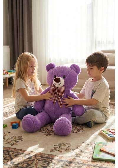 80 Cm Büyük Boy Yumuşak Papyonlu Oyuncak Ayıcık Mor
