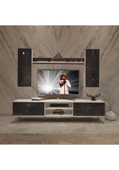 Decoraktiv Eko 7 Mdf Dvd Gold Tv Ünitesi Tv Sehpası Beyaz - Siyah Mermer