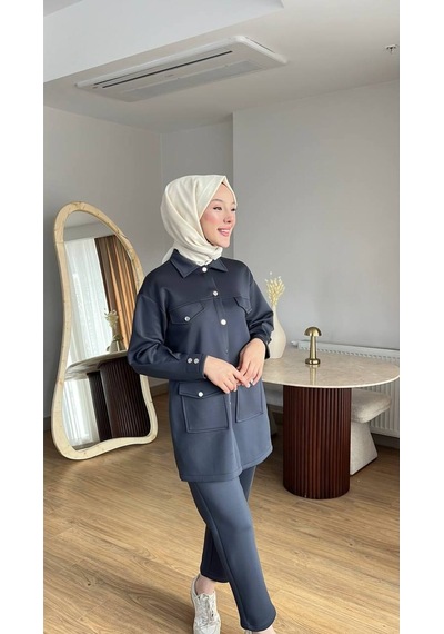 Esra Butik78 Kadın Günlük Scuba Kumaş Pantolonlu Takım 82121710-lacivert