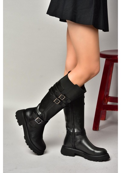 Fox Shoes T820857509 Siyah Düz Tabanlı Kadın Çizme Siyah-Suni Deri