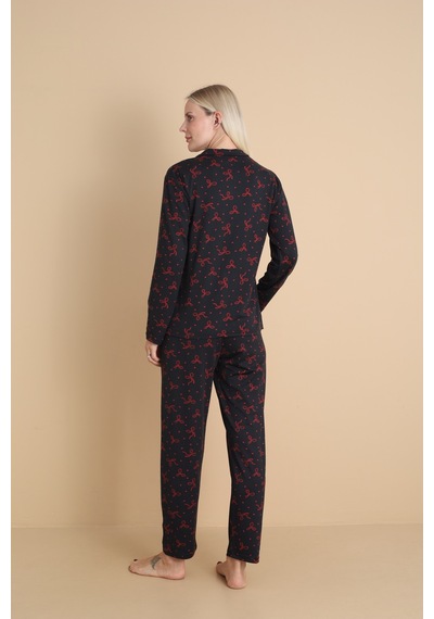 Wordex Mirano 9807 Şardonlu Soft Kışlık Düğmeli Kadın Pijama Takımı Siyah