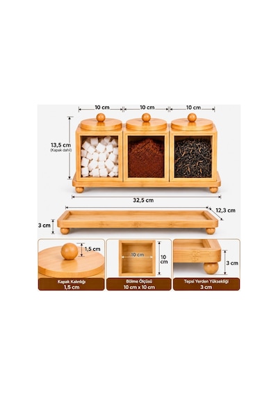 3 Lü Doğal Bambu Baharatlık Çay Şeker Kahve Saklama Kabı Stand Tepsili Kapaklı Mutfak Organizer Seti Kahverengi